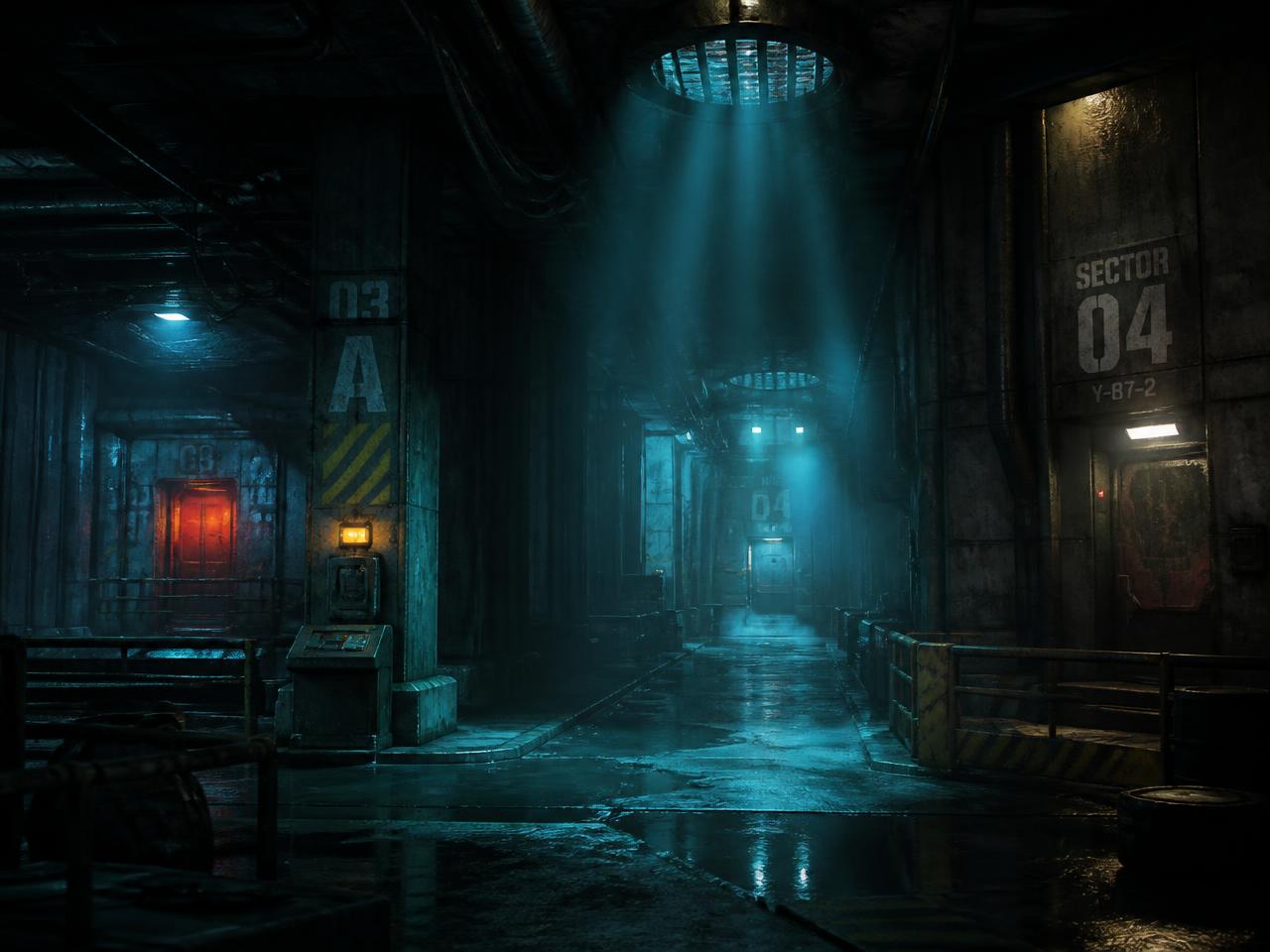 Sector 04 — Wet Corridor — Environment Design render